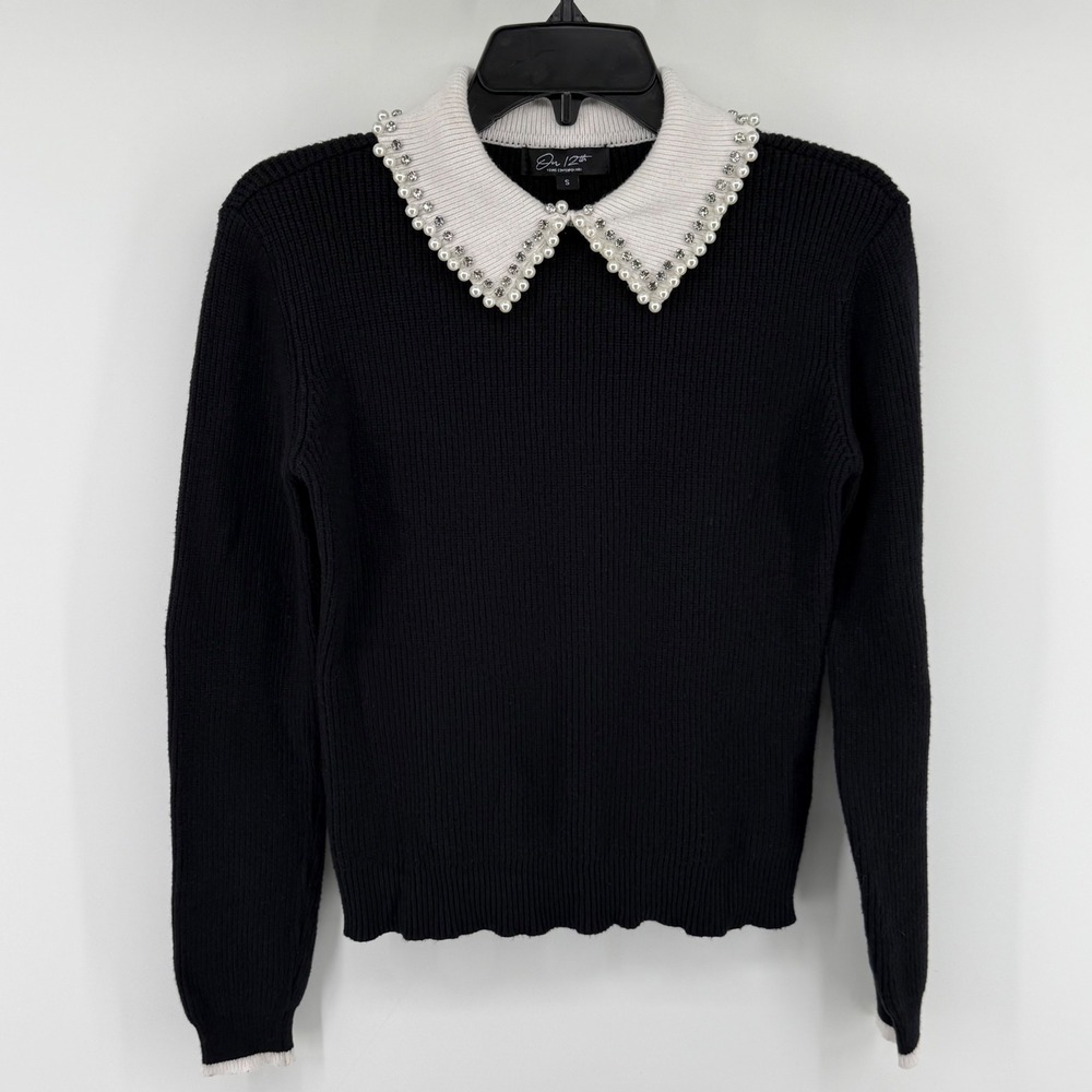 On 12th Women Black Ribbed Knit Sweater Pearl Rhinestone Embellished Collar S
